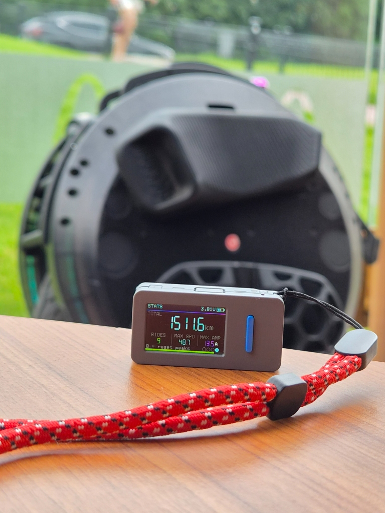 EucBuddy device on a wooden table with a wheel blurred in the background, showing 1511.6 km total distance and 19.5A max amp